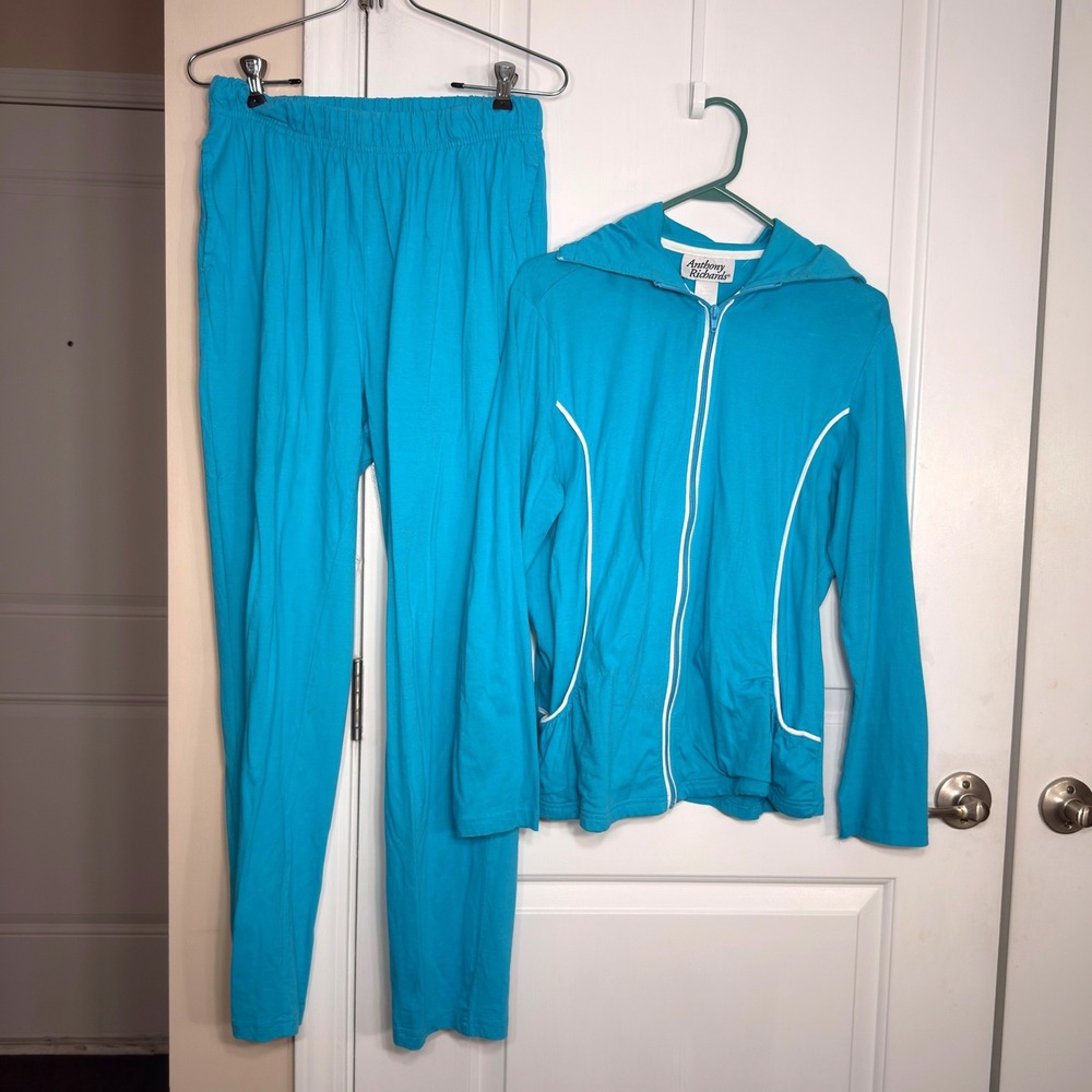 Anthony Richards Tracksuit Set Turquoise Blue Cotton Zip Hoodie Pants Medium